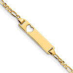 10k Polished Solid Chain/Solid Plate Figaro Link Cut-out Heart 21x Plate ID Bracelet