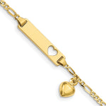 10k Polished Solid Chain/Solid Plate Cut-out Heart with Puffed Heart Dangle Figaro Link 21x Plate ID Bracelet