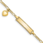 10k Polished Solid Chain/Solid Plate Puffed Heart Dangle Figaro Link 21x Plate ID Bracelet