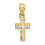 10K and White Rhodium Tiny Diamond-Cut Cross Pendant