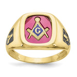 10k Men's Polished and Textured with Black Enamel and Lab Created Ruby Masonic Ring
