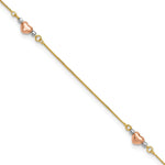14k Tri-Color Puffed Hearts and Beads Anklet Plus Heart Dangle Extender