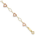 14k Two-tone Hammered Open Hearts Oval Link Anklet Plus Heart Dangle Extender