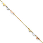 14K Tri-Color Diamond-cut Hearts Anklet Plus Heart Dangle Extender