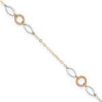 14k Tri-color Circle and Oval 3-Station Anklet Plus Heart Dangle Extender
