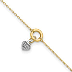 14K Two-tone Circle with Diamond-cut Puffed Heart Dangle Anklet Plus Heart Dangle Extender