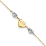 14K Two-tone Diamond-cut and LOVE Puffed Heart Anklet Plus Heart Dangle Extender
