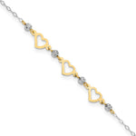 14K Two-tone Oval Link Diamond-cut Beads and 3-Hearts Anklet Plus Heart Dangle Extender