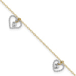 14K Two-tone Twisted and Diamond-cut 3 Heart Dangles Anklet Plus Heart Dangle Extender