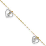 14K Two-tone Twisted Diamond-cut 3 Heart Dangles Plus Extender - Total Anklet