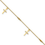 14k Polished Diamond-cut 3 Cross Dangles and Beads Anklet Plus Extender