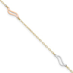 14K Tri-color Open S-Links 3-Station Anklet Plus Heart Dangle Extender