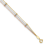 14k Tri-color 3-Strand Diamond-cut Beaded Plus ext Anklet