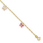 14k Pink and White Enameled Butterfly Dangles Anklet Plus Extender