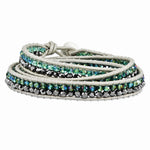 Green Aurora Borealis/Grey Crystal Beads with Leather Cord Plus Multi-wrap Bracelet