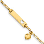 14k Polished Solid Chain/Solid Plate Cut-out Heart with Heart Dangle Figaro Link 21x Plate ID Bracelet