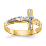 14K Two-Tone Mens Polished Diamond-Cut Crucifix Ring