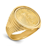 Wideband Distinguished Coin Jewelry 14k Men's Polished and Diamond-cut Ribbed Edge Mounted 1/10oz American Eagle Coin Bezel Ring