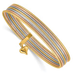 14K Tri-color Polished and Textured with Dangle Heart 7-Strand Slip-on Round Bangle Bracelet