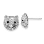 Sterling Silver Rhodium-plated CZ Cat Face with Black Eyes Post Earrings