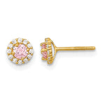 14k Madi K Polished Round Pink and Clear CZ Halo Screwback Post Earrings