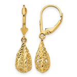 14k Polished Diamond-Cut Filigree Teardrop Dangle Leverback Earrings