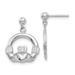 14k White Gold Solid Polished Flat-Backed Claddagh Earrings
