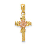14K Two-tone Polished D/C Cross w/Flower Pendant