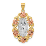 14K Two-Tone with White Rhodium Our Lady of Guadalupe with Flowers Oval Pendant
