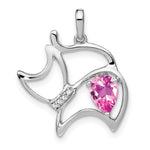 14k White Gold Created Pink Sapphire and Diamond Cat Pendant