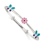 Sterling Silver Enameled Pink/Red Flower and Blue/Purple Butterfly Adjustable Small Bangle Bracelet