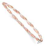 Sterling Silver Rose-tone Satin and Polished Twisted Hinged Bangle