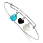 Sterling Silver Rhodium-plated Onyx Heart/Synthetic Turquoise/Mother of Pearl Charms Expandable Slip-on Bangle