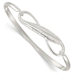 Sterling Silver Polished Infinity with Feather Hook Closure Bangle Bracelet