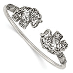 Sterling Silver Polished Antiqued Filigree Two Elephants Flexible Bangle
