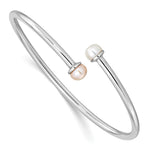 Sterling Silver Rhodium-plated 5- Pink and White Button Freshwater Cultured Pearl Flexible Small Bangle Bracelet