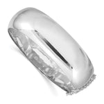 Sterling Silver Rhodium-plated Polished Domed Hinged Bangle Bracelet with Safety Chain