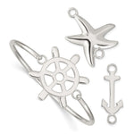 Sterling Silver with Interchangeable Nautical Ships Wheel/Starfish/Anchor Charms Hook Closure Bangle