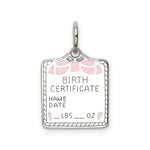 Sterling Silver Rhodium-plated Polished Front/Satin Back Pink Enameled Engravable Small Birth Certificate Charm