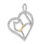 Sterling Silver Rhodium-plated Gold-tone CZ Heart with Cat Silhouette Pendant