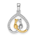 Sterling Silver Rhodium-plated and Gold-plated CZ Heart with Two Cats Pendant