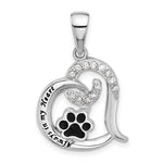 Sterling Silver Rhodium-plated Black Enameled CZ ALWAYS IN MY HEART Paw Print Pendant