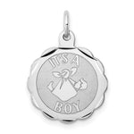 Sterling Silver Rhodium-plated Polished Front/Satin Back ITS A BOY Engravable Scalloped Disc Charm