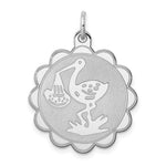 Sterling Silver Rhodium-plated Polished Front/Satin Back Stork Engravable Scalloped Disc Charm