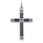 Sterling Silver Platinum-plated Black Enameled and Blue CZ Latin Cross Pendant