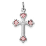 Sterling Silver Rhodium-plated Pink Enameled Budded Cross Charm