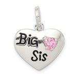 Sterling Silver Rhodium-plated Big Sis Pink CZ Heart Charm