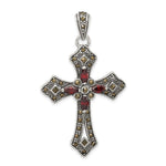 Sterling Silver Antiqued Red Marquise CZ and Marcasite Fancy Cross Pendant