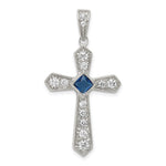 Sterling Silver Rhodium-plated Clear and Blue CZ Center Passion Cross Pendant