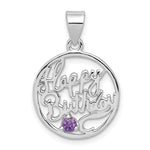 Sterling Silver Rhodium-plated Amethyst Cut-out HAPPY BIRTHDAY Script in Circle Pendant